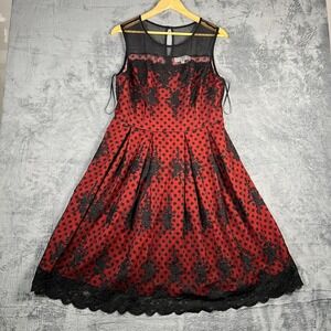 Missmay Retro Gorgeous Dress Women Large Red Black Polka Dot Lace Floral Pleated
